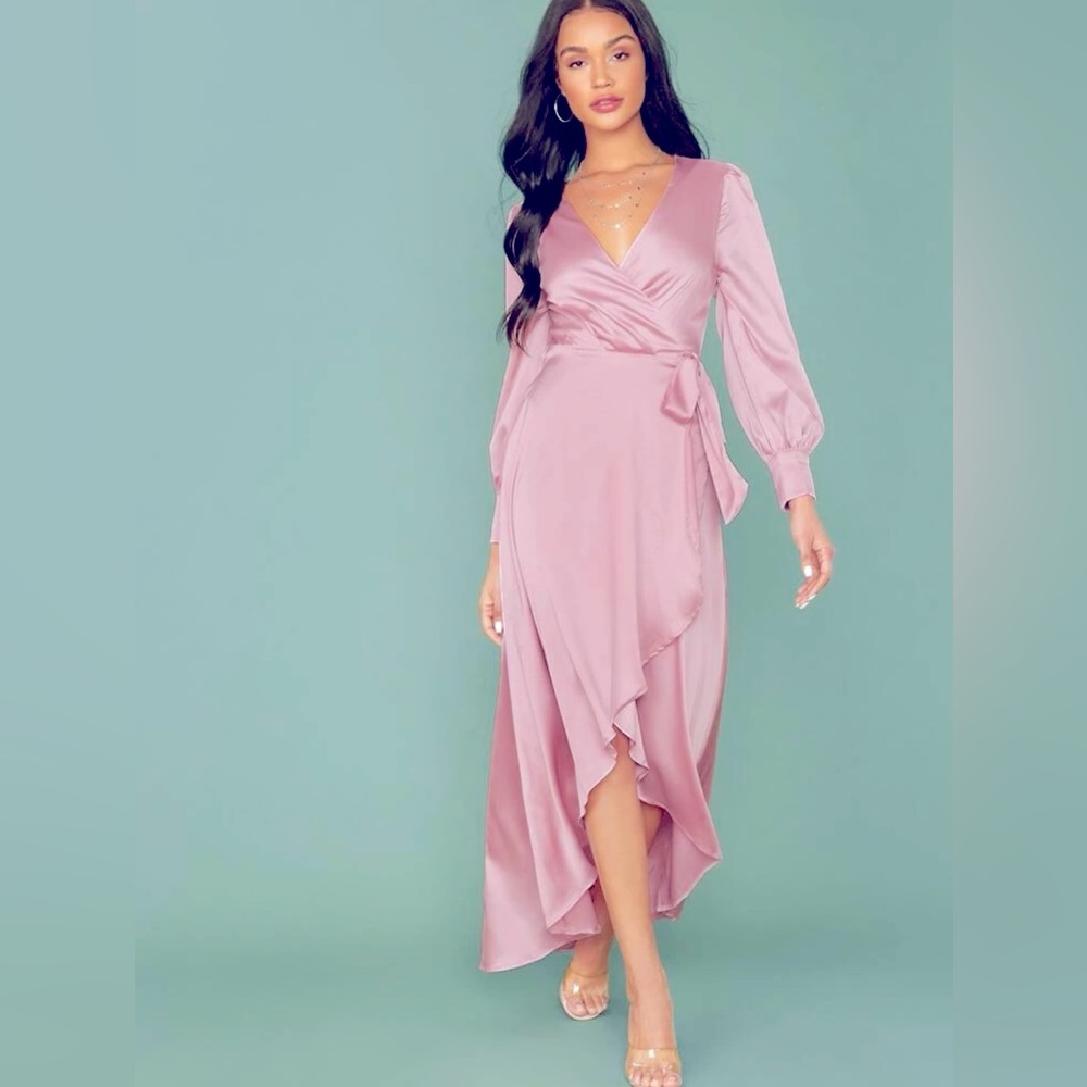 Rose Pink Long Sleeve Silky High Low Wrap Dress